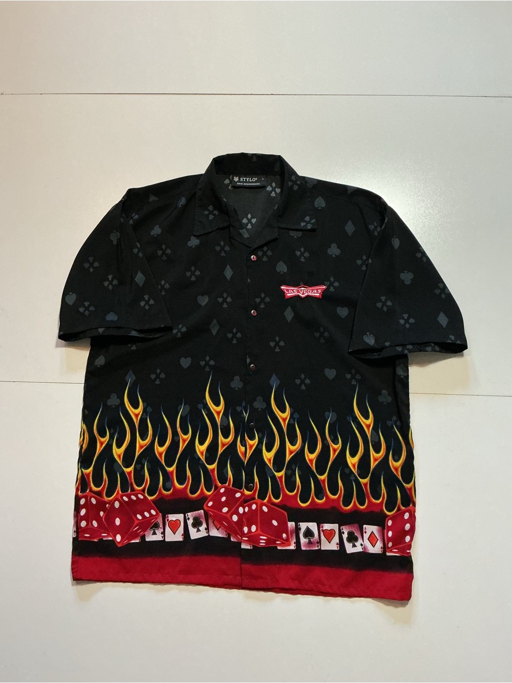 Vintage Y2K Stylo Las Vegas Casino Flaming Dice Cards Gambler Button Shirt